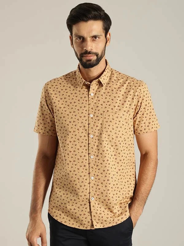 Indian Terrain Men's Slim Fit Half Sleeve Floral Print Khaki Shirt